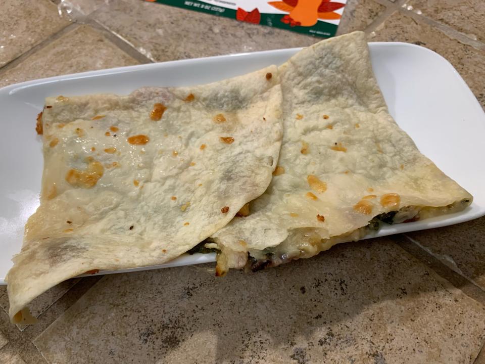 cooked trader joes gobbler quesadilla on white plate