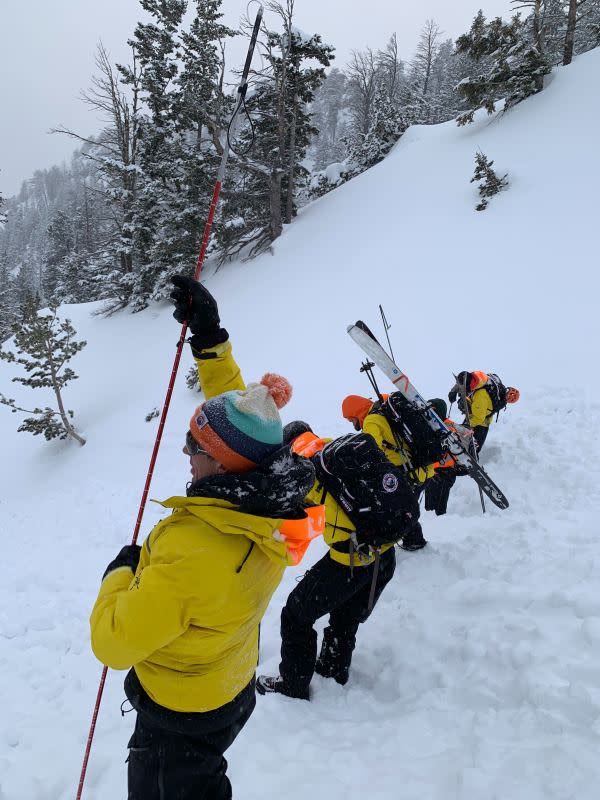 Teton County Search & Rescue team members probe the debris after an avalanche on Taylor Mountain on April 1, 2020. Using search dogs, they eventually found the body of Trace Carrillo under the snow; his beacon was off.<p>Photo: TCSAR</p>