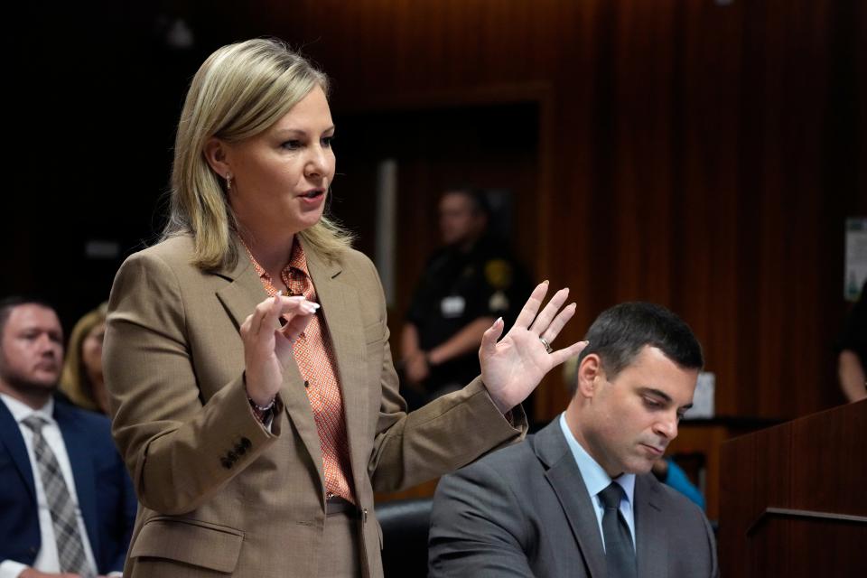 Oakland County Prosecuting Attorney Karen McDonald talks before Judge Kwame Rowe in court on Friday, July 28, 2023, in Pontiac, Mich. Prosecutors are making their case that the Michigan teenager should be sentenced to life in prison for killing four students at his high school in 2021. Prosecutors introduced dark journal entries written by Ethan Crumbley, plus chilling video and testimony from a wounded staff member.