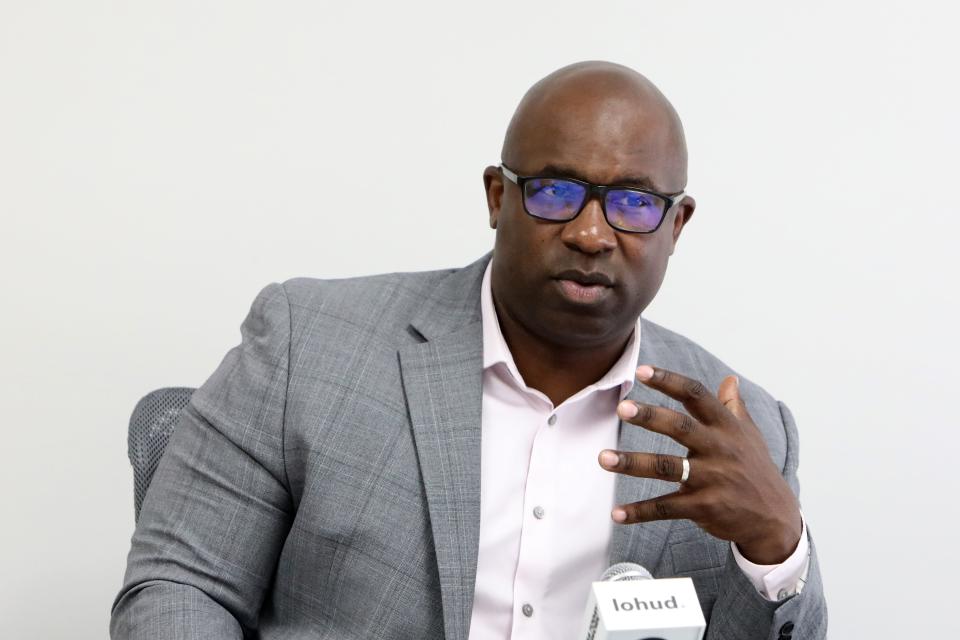 Congressman Jamaal Bowman, candidate for New York's 16th Congressional District, is interviewed by reporters at The Journal News/lohud offices in West Harrison on May 24, 2024.