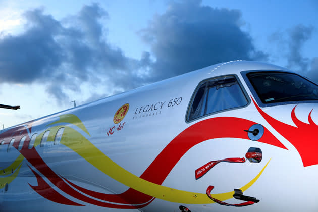 A closer view of the body of Jackie Chan's private jet, the Embraer Legacy 650, which carries a striking dragon design on both sides. You're unlikely to miss this walking through the external static display! (Photo courtesy of Embraer)