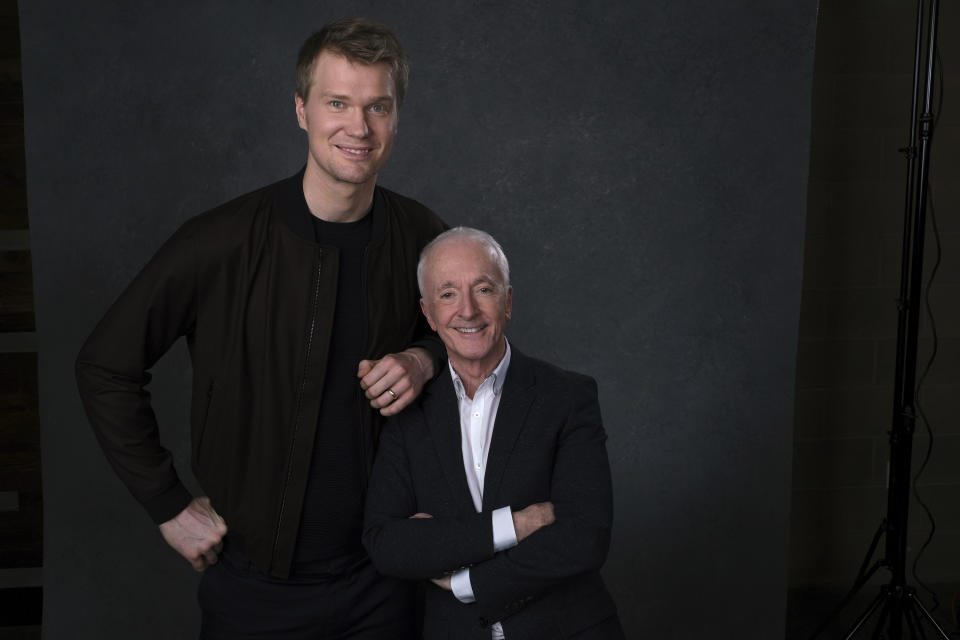 This Dec. 3, 2019 photo shows Joonas Suotamo, left, and Anthony Daniels posing for a portrait to promote their film "Star Wars: The Rise of Skywalker" in Pasadena, Calif. (AP Photo/Chris Pizzello)