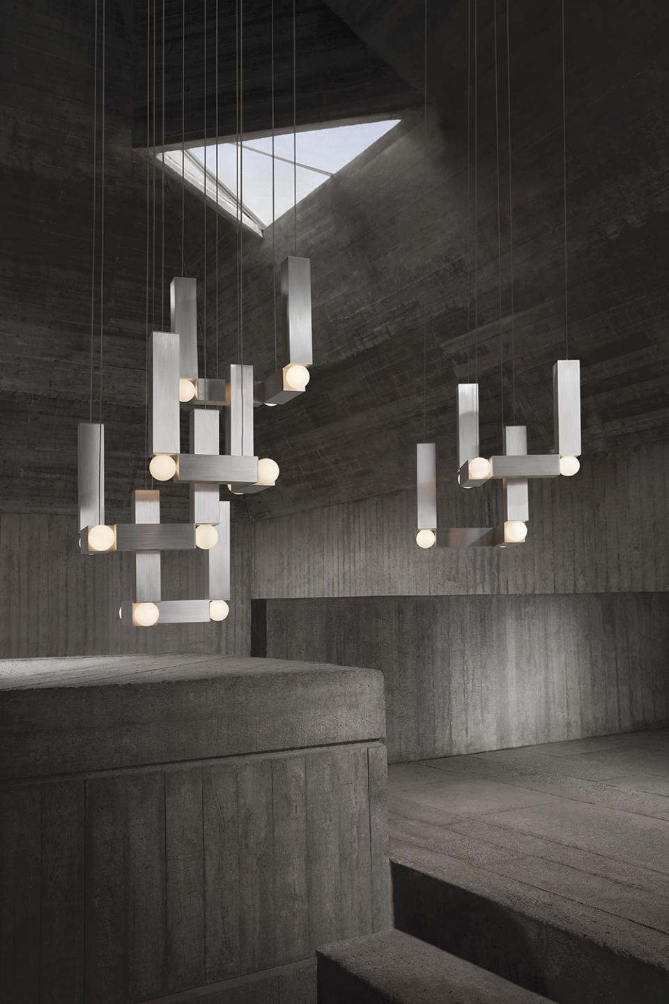 Brutalism’s blocky forms are reemerging, as seen in Lee Broom’s Vesper lights