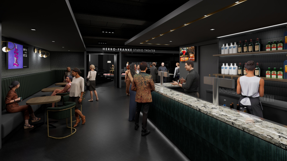 An artist's rendering of Milwaukee Repertory Theater's future Herro-Franke Studio Theater, including a new bar and an acoustical barrier between performance space and lobby.