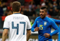 Soccer Football - International Friendly - Russia vs Brazil - Luzhniki Stadium, Moscow, Russia - March 23, 2018 Brazil’s Paulinho celebrates scoring their third goal REUTERS/Sergei Karpukhin