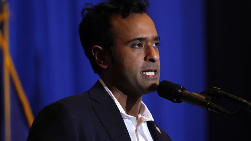 Former president candidate Vivek Ramaswamy speaks at a rally for former President Donald Trump in Atkinson, N.H., on Tuesday, Jan. 16, 2024.