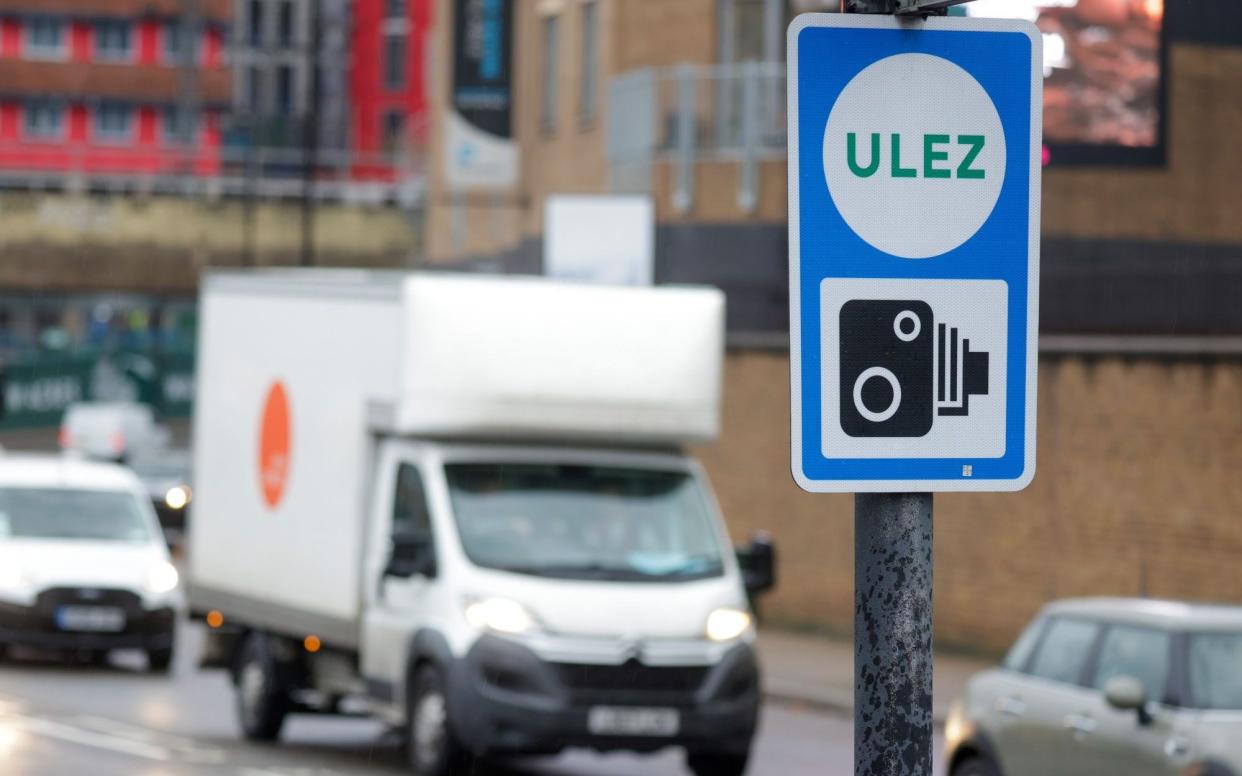 A sign reminds drivers they are in London's Ultra Low Emission Zone in Wandsworth, South London