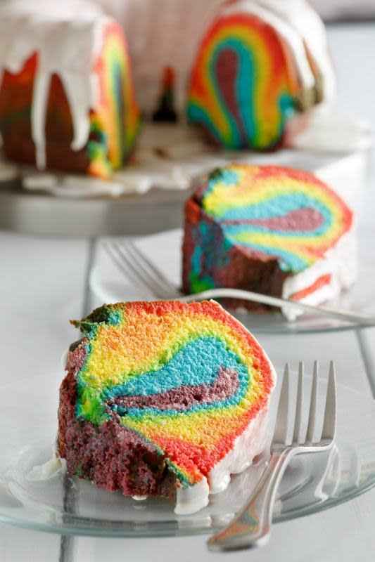 <p>Bake this rainbow bundt cake recipe if you’re looking for a really pretty bundt cake. Cake batter colored the colors of the rainbow are layered to make the most fabulous rainbow bundt.</p><p><strong>Get the recipe: <a href="https://www.recipegirl.com/rainbow-bundt-cake/" rel="nofollow noopener" target="_blank" data-ylk="slk:Rainbow Bundt Cake;elm:context_link;itc:0;sec:content-canvas" class="link "><em>Rainbow Bundt Cake</em></a></strong></p>