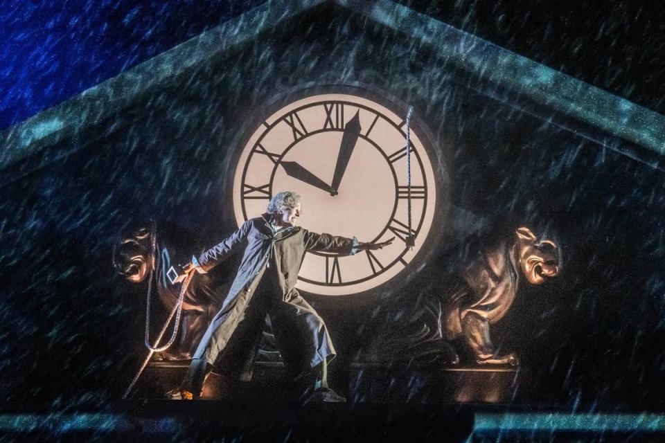 Don Stephenson as Doc Brown in the climactic “Back to the Future: The Musical” scene atop the clock tower.