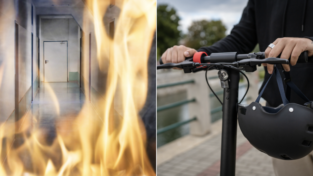 Fire along corridor (left) and man holding handle of E-scooter (Photos: Getty Images)