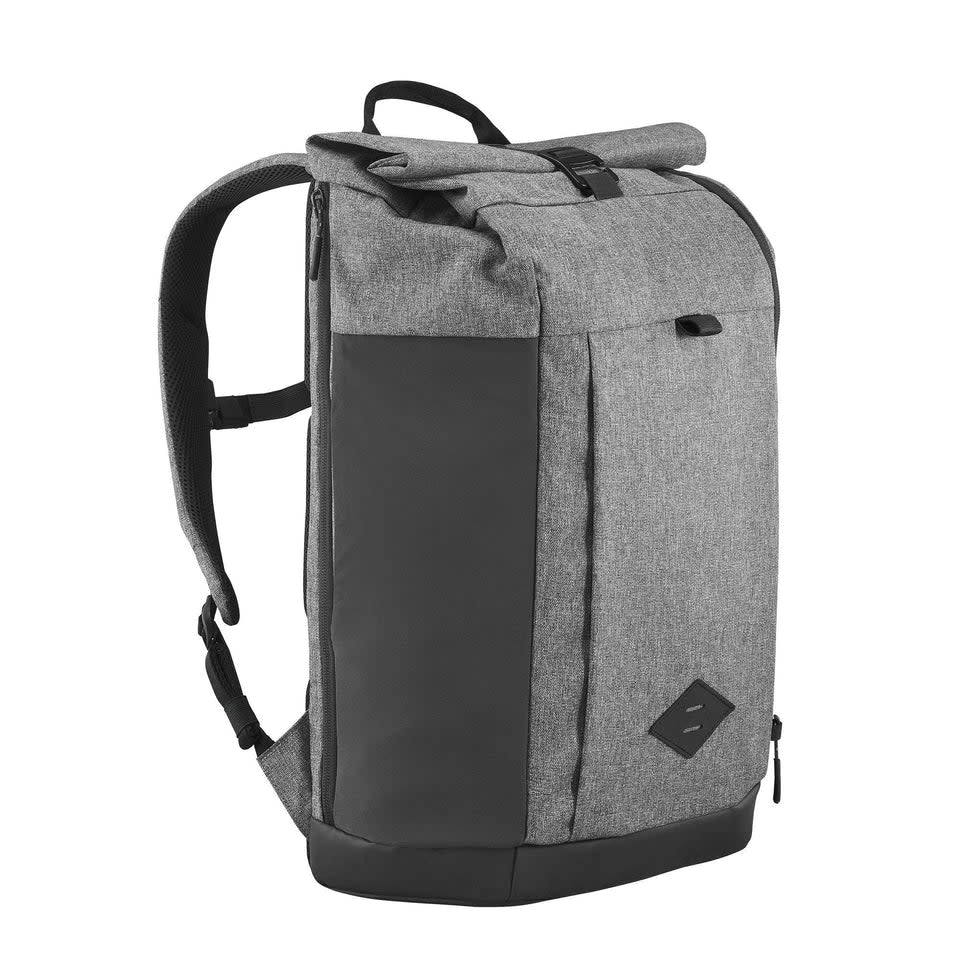 Gray and black backpack zipped up