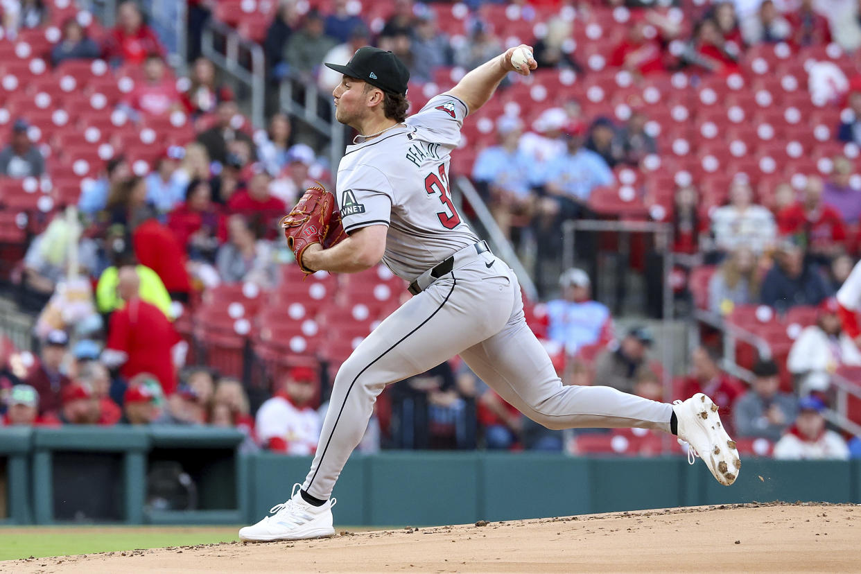 Arizona Diamondbacks starting pitcher Brandon Pfaadt throws during the first inning of a baseball game against the St. Louis Cardinals, Monday, April 22, 2024, in St. Louis. (AP Photo/Scott Kane)