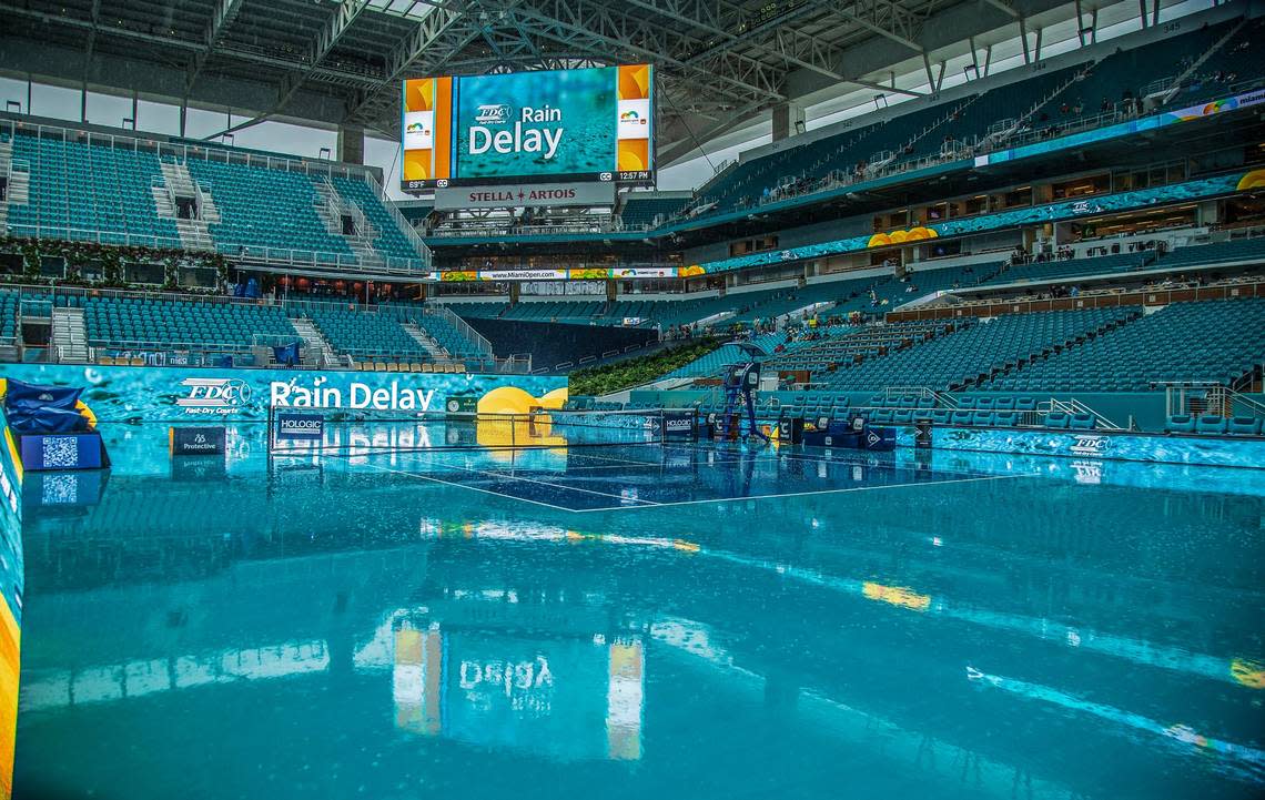 All matches at the Miami Open in the Hard Rock Stadium have been delayed due to a severe weather alert issued by the National Weather Service for heavy rainfall leading to potential flooding beginning at 8 a.m. Friday morning, March 22, 2024. Pedro Portal/pportal@miamiherald.com