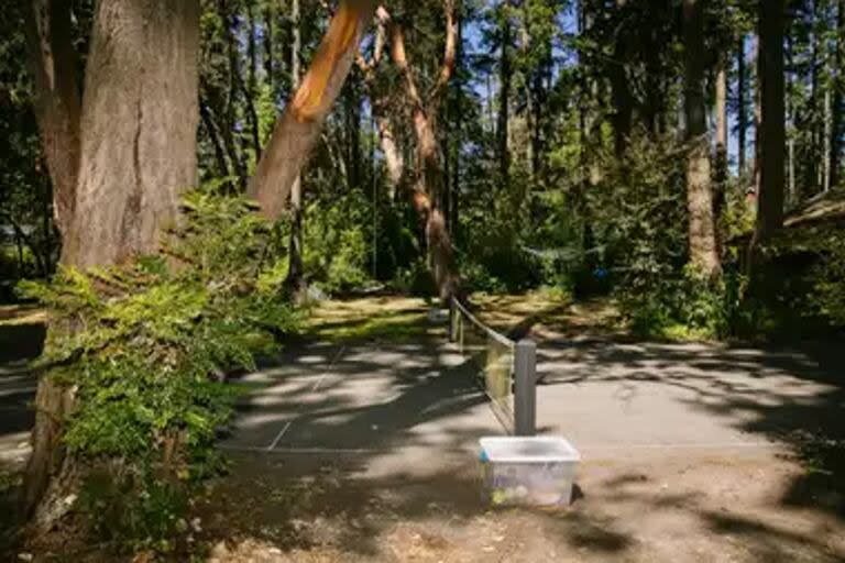 La primera cancha de pickleball se conserva en el patio delantero de una casa en Bainbridge Island, Washington, junto a una piedra con una placa que la identifica.