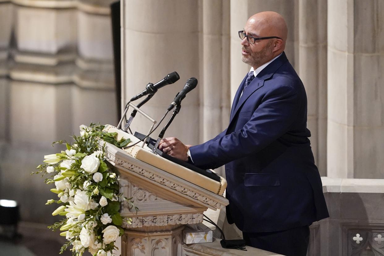 Michael Powell gives a eulogy for his father, during the funeral for former Secretary of State Colin Powell at the Washington National Cathedral, in Washington, Friday, Nov. 5. 