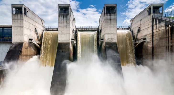 Water rushing out of a hydroelectric dam.