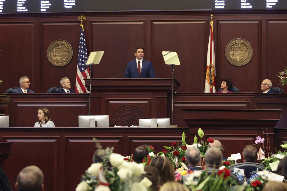 Florida Gov. Ron DeSantis gives his State of the State address during a joint session of the Senate and House of Representatives in Tallahassee, Fla., Tuesday, Jan. 9, 2024. (AP Photo/Gary McCullough)