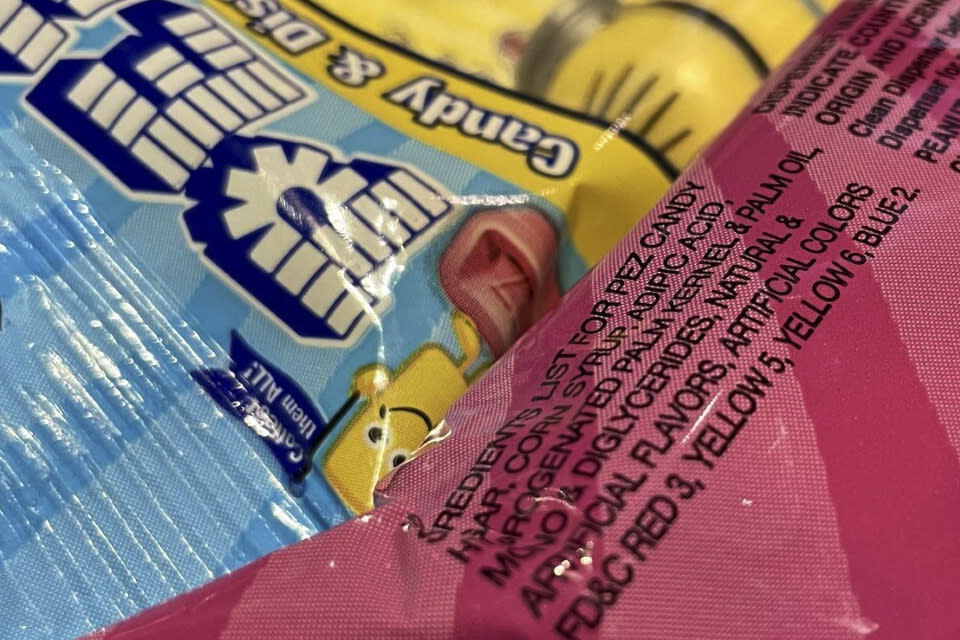 FILE - Pez candy is on display at a store in Lafayette, Calif., on March 24, 2023. Gov. Gavin Newsom has signed a law, Saturday, Oct. 7, 2023, making California the first state to ban four chemicals from food and drinks. It bans Red dye no. 3, a food coloring used in candy like Peeps. (AP Photo/Haven Daley, File)