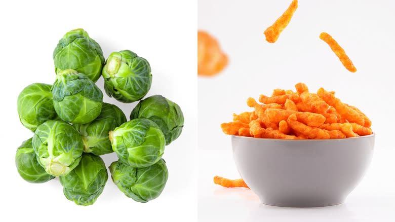 Brussels sprouts and Cheetos snacks in bowl
