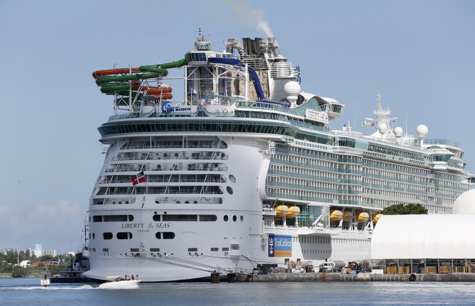 The Royal Caribbean International cruise ship Liberty of the Seas is shown docked, Tuesday, Aug. 29, 2017, at PortMiami in Miami.