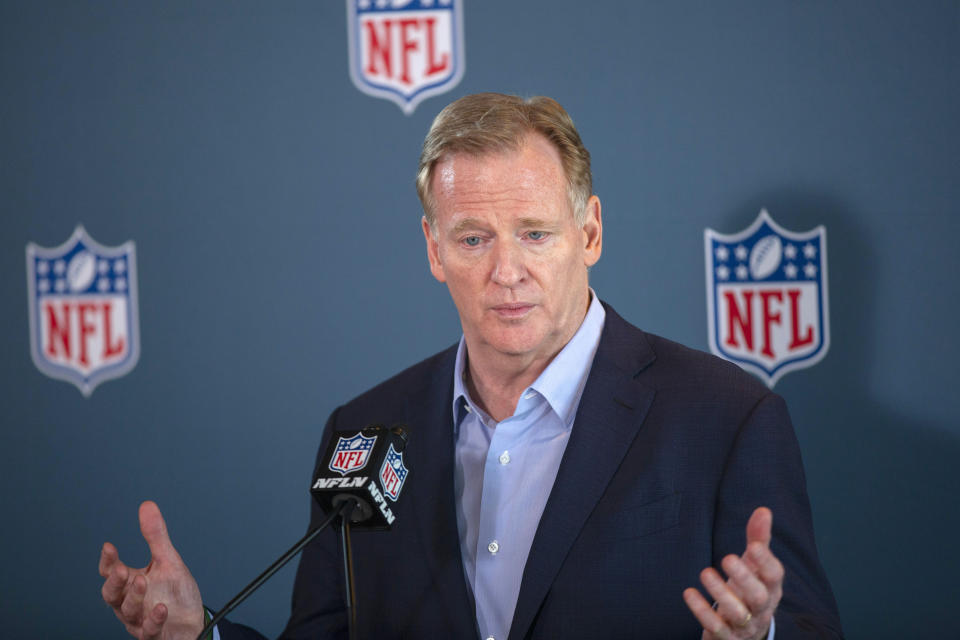 CORRECTS SPELLING OF LAST NAME TO GOODELL, NOT GODELL - NFL Commissioner Roger Goodell addresses the media at the NFL Owners Meetings at the Omni Hotel, Tuesday, May 23, 2023 in Eagan, Minn. (AP Photo/Andy Clayton-King)