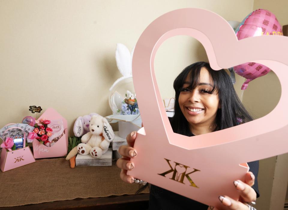 Kianna Marques designs items at her Brockton home on Tuesday, March 12, 2024.