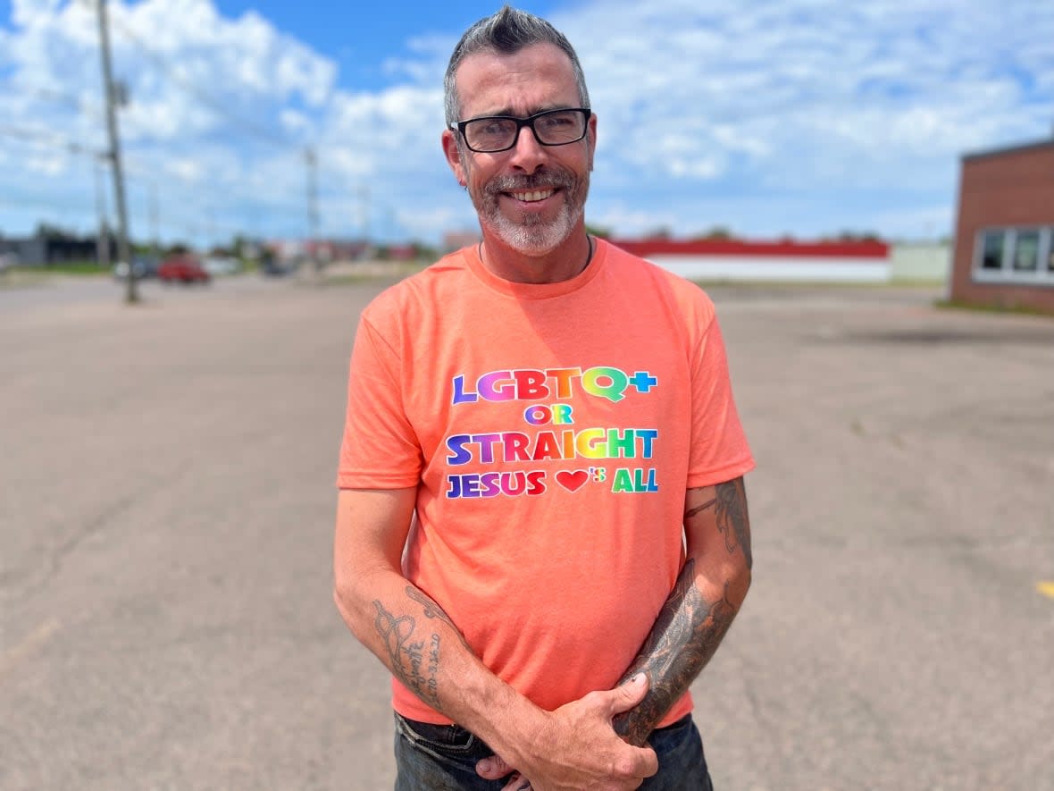Stephen MacIsaac, who had been attending Summerside Community Church for several years, said he was shocked and hurt by the post, and ordered this custom T-shirt to express what he believes. (Jessica Doria-Brown/CBC - image credit)