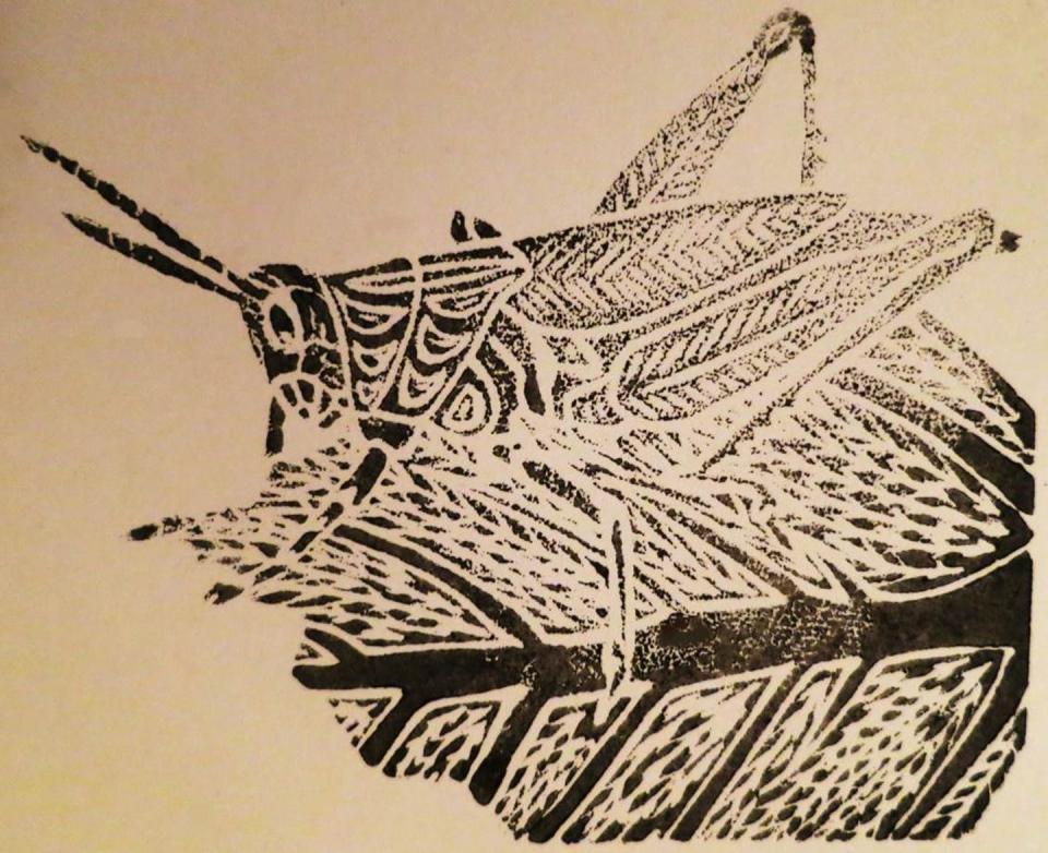 <span class="caption">Block print of a Showy grasshopper (<em>Hesperotettix speciosus</em>) eating a sunflower leaf.</span> <span class="attribution"><span class="source">Ellen Welti</span>, <a class="link " href="http://creativecommons.org/licenses/by-nd/4.0/" rel="nofollow noopener" target="_blank" data-ylk="slk:CC BY-ND;elm:context_link;itc:0;sec:content-canvas">CC BY-ND</a></span>