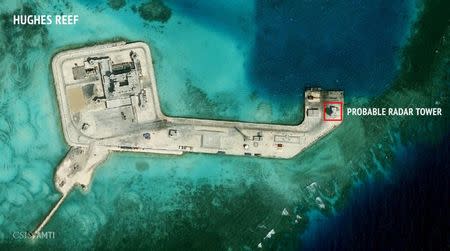 A satellite image released by the Asian Maritime Transparency Initiative at Washington's Center for Strategic and International Studies shows construction of possible radar tower facilities in the Spratly Islands in the disputed South China Sea in this image released on February 23, 2016. REUTERS/CSIS Asia Maritime Transparency Initiative/DigitalGlobe/Handout via Reuters