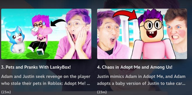 Two thumbnails for a children's show include a person with purple hair and glasses juxtaposed with cartoons.