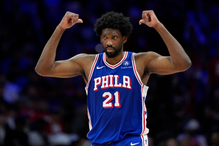 Philadelphia 76ers’ Joel Embiid reacts during the second half of Game 3 in an NBA basketball first-round playoff series against the New York Knicks, Thursday, April 25, 2024, in Philadelphia. (AP Photo/Matt Slocum)