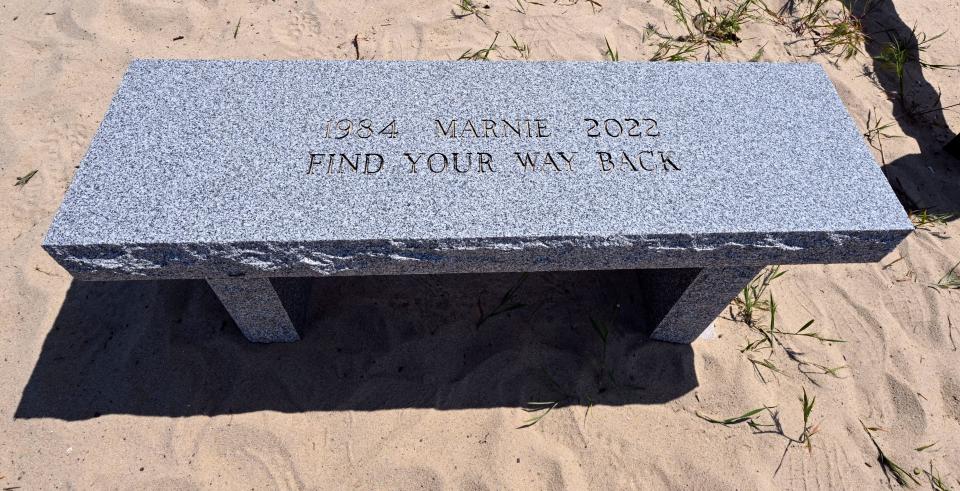 A memorial bench for actress Marnie Schulenburg is at Millway Beach in Barnstable.
