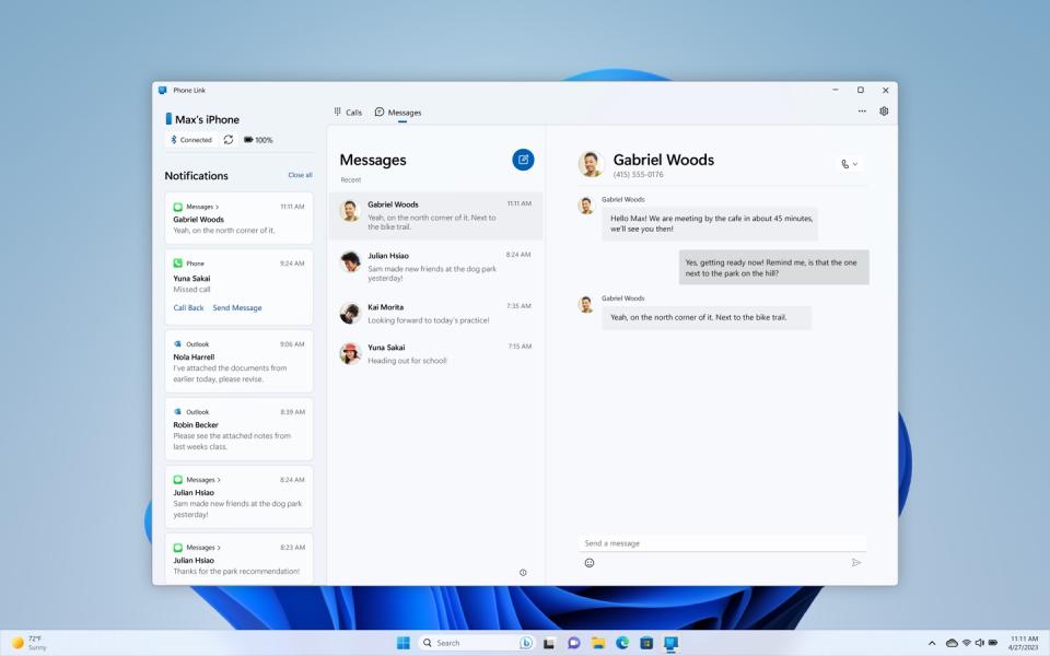 You'll soon be able to answer texts and phone calls from your iPhone on your Windows 11 (Image: Microsoft)