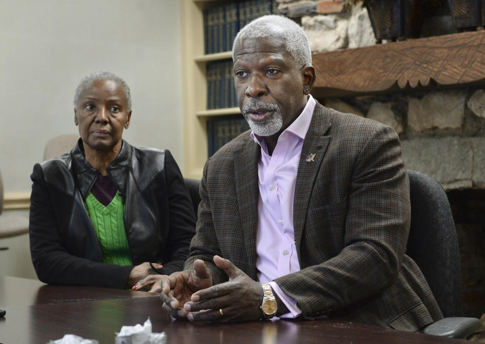 FILE - In this March 15, 2017 file photo, Dan Gasby, right, husband of chef, restaurateur and lifestyle guru B. Smith, left, talks about the couple's challenges dealing with Smith's early-onset Alzheimer's disease, in Winston-Salem, NC. On Friday, Feb. 22, 2018, The Associated Press has found that stories circulating on the internet that Bravo has greenlighted a reality show with restaurateur B. Smith, her husband and girlfriend, are untrue. (David Rolfe/The Winston-Salem Journal via AP)