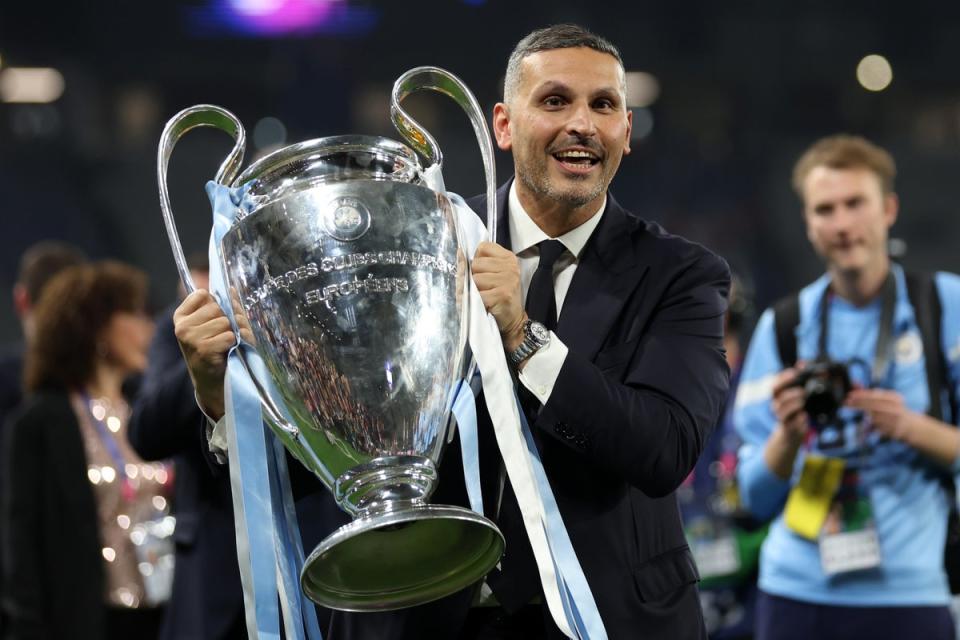 Prize:  Khaldoon Al Mubarak with the Champions League trophy (Getty Images)