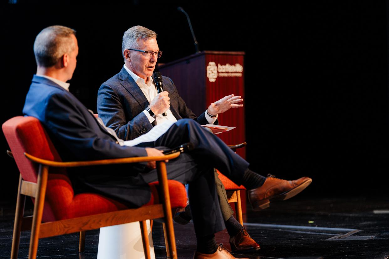 Mark Lashier, CEO of Phillips 66, speaks at the Chamber of Commerce form at City church on Tuesday.