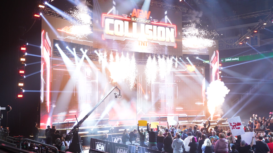 Fireworks explode to start AEW Collision. The event will take over the Dollar Loan Center Arena on February 10 in Henderson. (All Elite Wrestling)