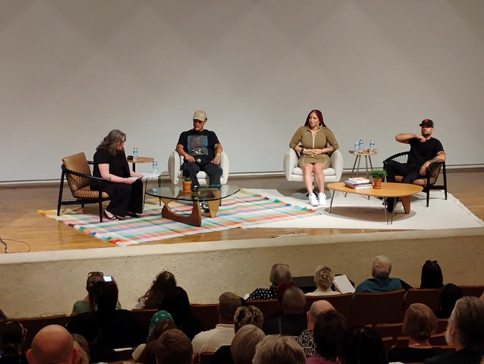 From left to right: Senior Curator at the Des Moines Art Center and host Laura Burkhalter, multidisciplinary artist b. Robert Moore, Pulitzer Prize winner and staff writer at The New York Times Magazine Nikole Hannah-Jones, and regenerative land sculptor and activist Jordan Weber speak during a panel July 28, 2024, at the Des Moines Art Center.