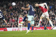 Arsenal's Kai Havertz, right, scores his side's second goal during the English Premier League soccer match between Arsenal and Brentford at the Emirates Stadium in London, England, Saturday, March 9, 2024. (AP Photo/Frank Augstein)