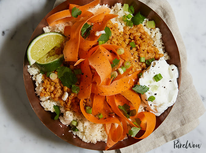 Cauliflower Rice Bowl with Curried Lentils, Carrots and Yogurt