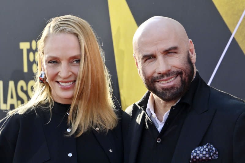 Uma Thurman (L) and John Travolta attend the 30th anniversary screening of "Pulp Fiction" at the TCM Classic Film Festival on Thursday. Photo by Jim Ruymen/UPI