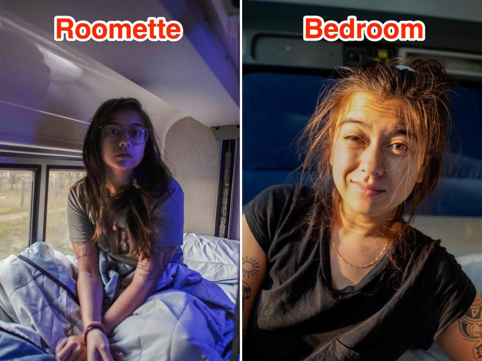side by side photos show the author waking up in an Amtrak bedroom and roomette