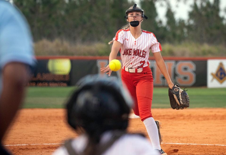 Lake Wales pitcher Anna Conroy pitches against Mulberry on Tuesday in the semifinals of the Class 4A, District 6 softball tournament.