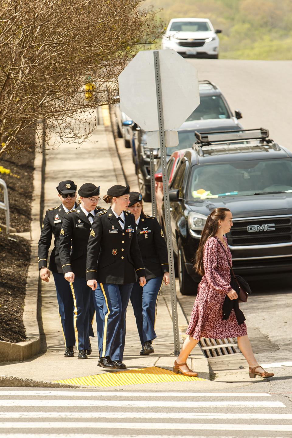 Soldiers file into F&M Bank Arena to pay homage to nine fallen soldiers who died in a Black Hawk crash outside of Fort Campbell in Clarksville, Tenn. on Apr 13, 2023. 