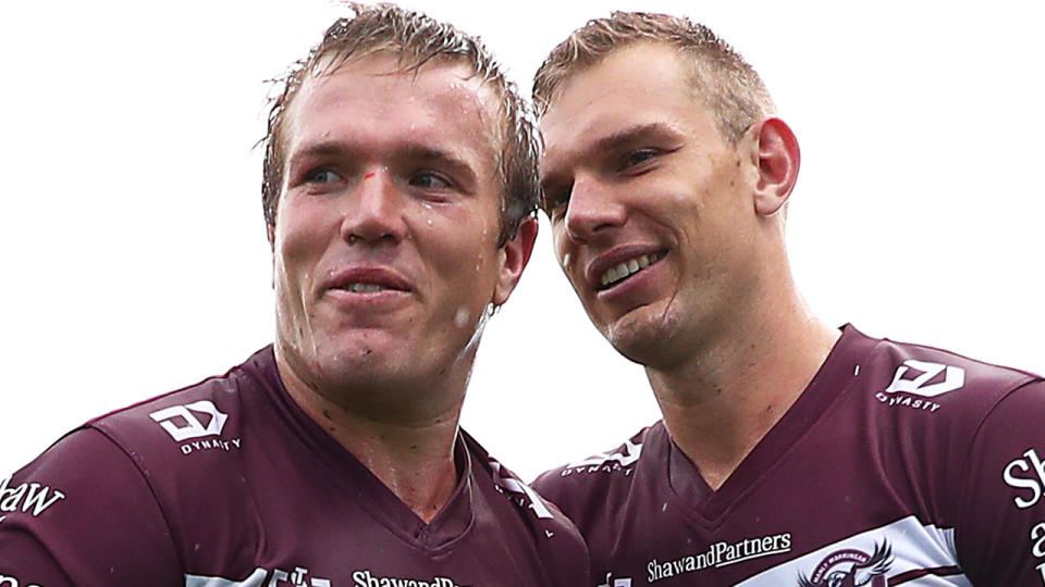 Jake Trbojevic and brother Tom Trbojevic are pictured together after a Manly Sea Eagles match.