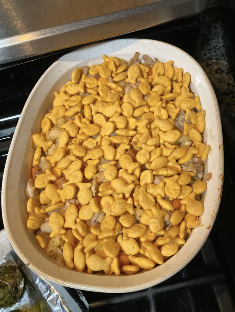 Goldfish on mac 'n' cheese