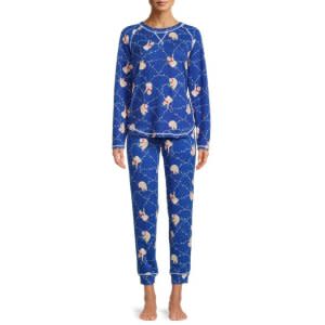 Muk Luks Women's and Women's Plus Long Sleeve Top and Pants Eye Mask, 2-Piece Pajama Set