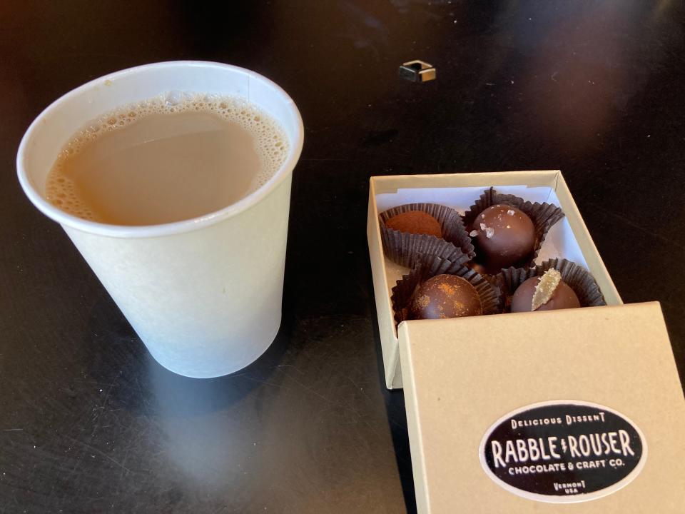 Coffee and chocolate truffles at Rabble-Rouser Chocolate & Craft Co. in Montpelier, shown Nov. 3, 2023.