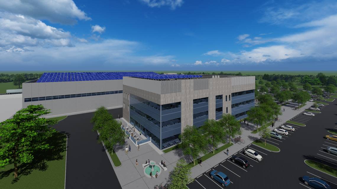 A rendering of the proposed Amgen facility in Holly Springs, which will employ up to 355 people in the coming years.