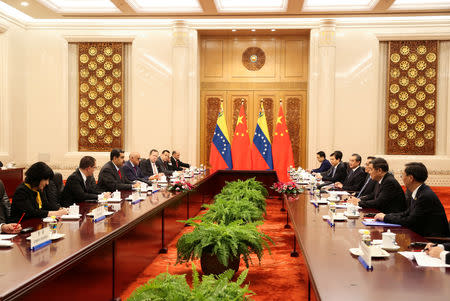 Venezuela's President Nicolas Maduro attends a meeting with Chinese Premier Li Keqiang in Beijing, China September 14, 2018. Miraflores Palace/Handout via REUTERS